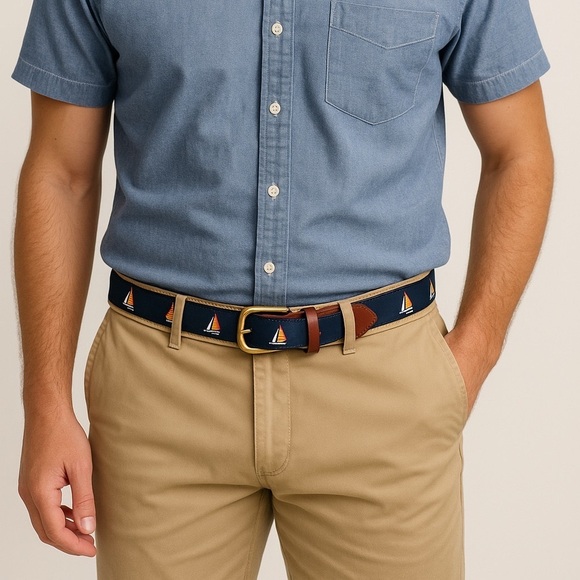 Other - Leather Man Ltd Sailboat Embroidered Canvas Belt Sz 38 Nautical Preppy